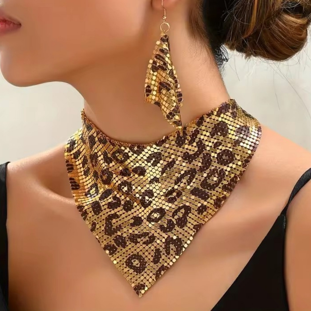 Leopard Necklace Shining Metal Mesh Women Collar with Earings SET
